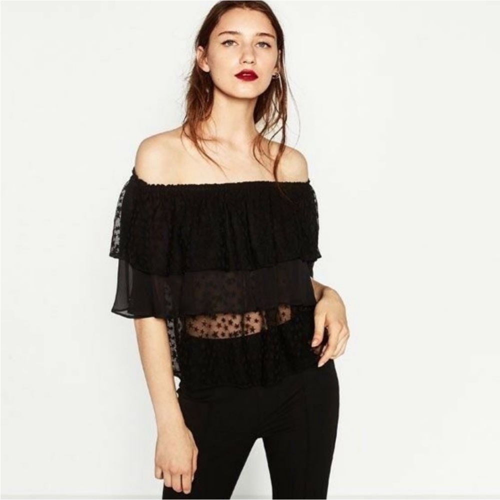 Zara basic star black off the shoulder sheer top